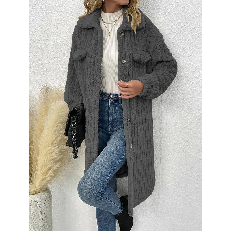 2023 New Winter Temperament Casual Solid Color Lapel Plush Pit Button Splicing Long Temperament Casual Commuting Women's Coat