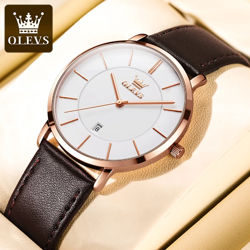 OLEVS Couple Fashion Ultra-thin Quartz Watch for Men Women Luxury Leather Strap Waterproof Calendar Lovers Watch