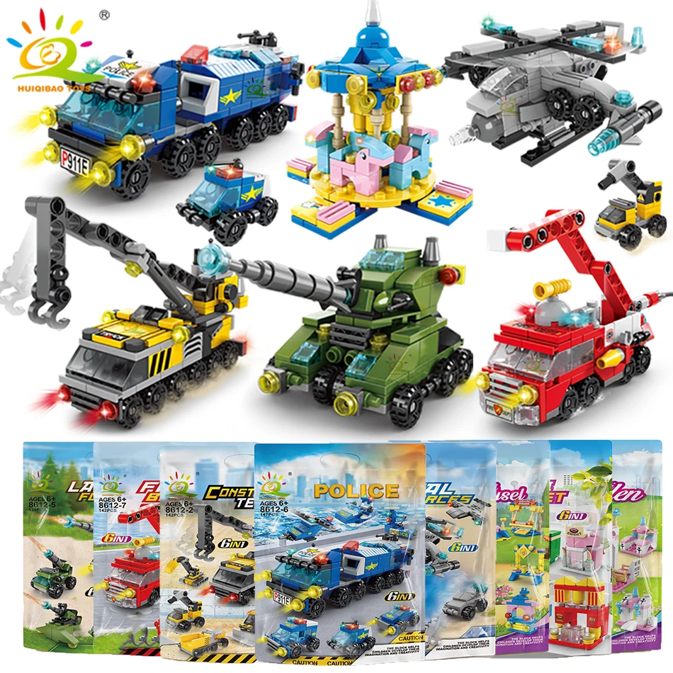 6IN1 City Fire Car Police Truck Engineering Crane Building Blocks Tank Helicopter Bricks Set Toys For Children Kids HUIQIBAO construction blocks racing car building blocks building blocks car building blocks