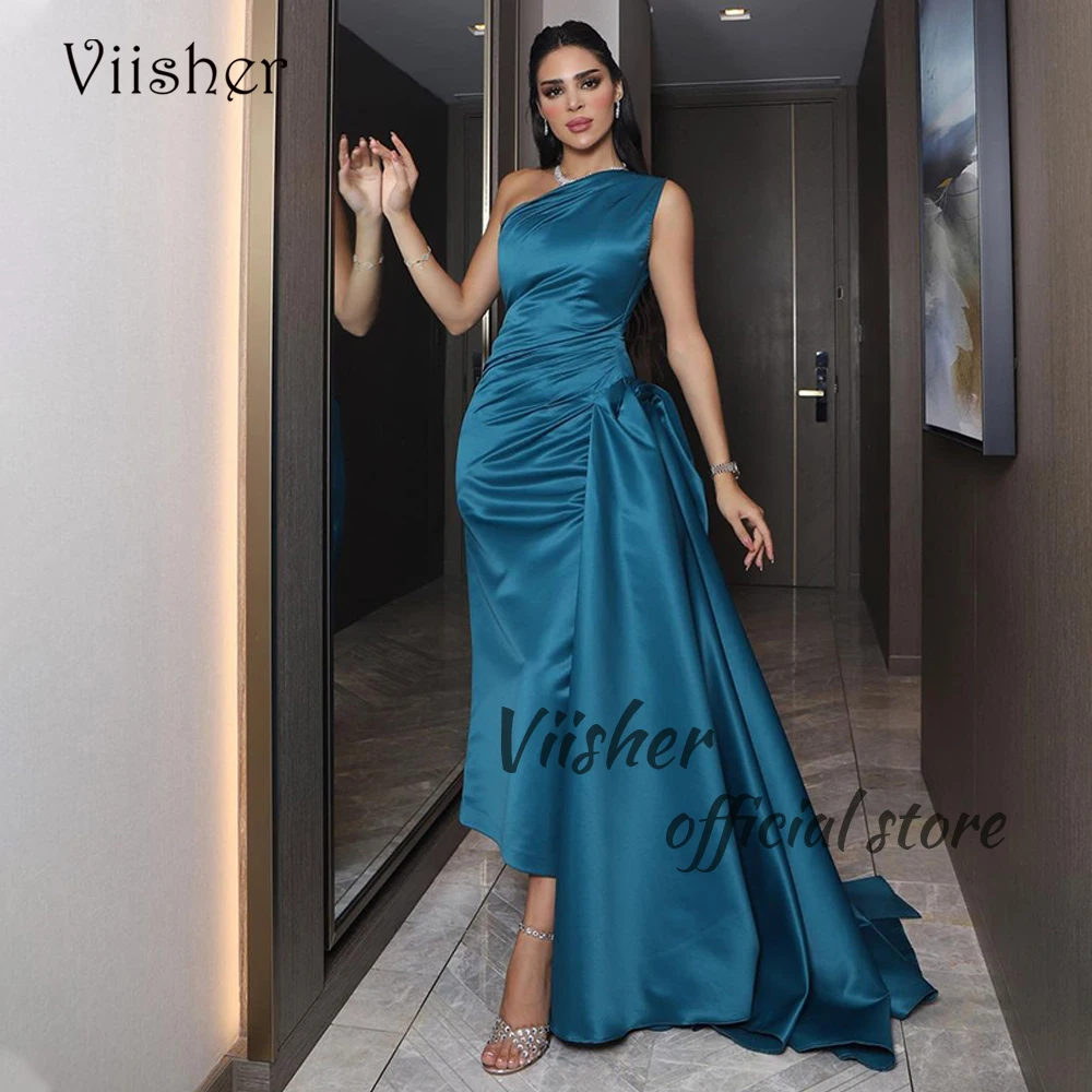 

Arabian Dubai Mermaid Evening Dresses One Shoulder Pleats Satin Prom Dress with Train Floor Length Formal Party Gowns