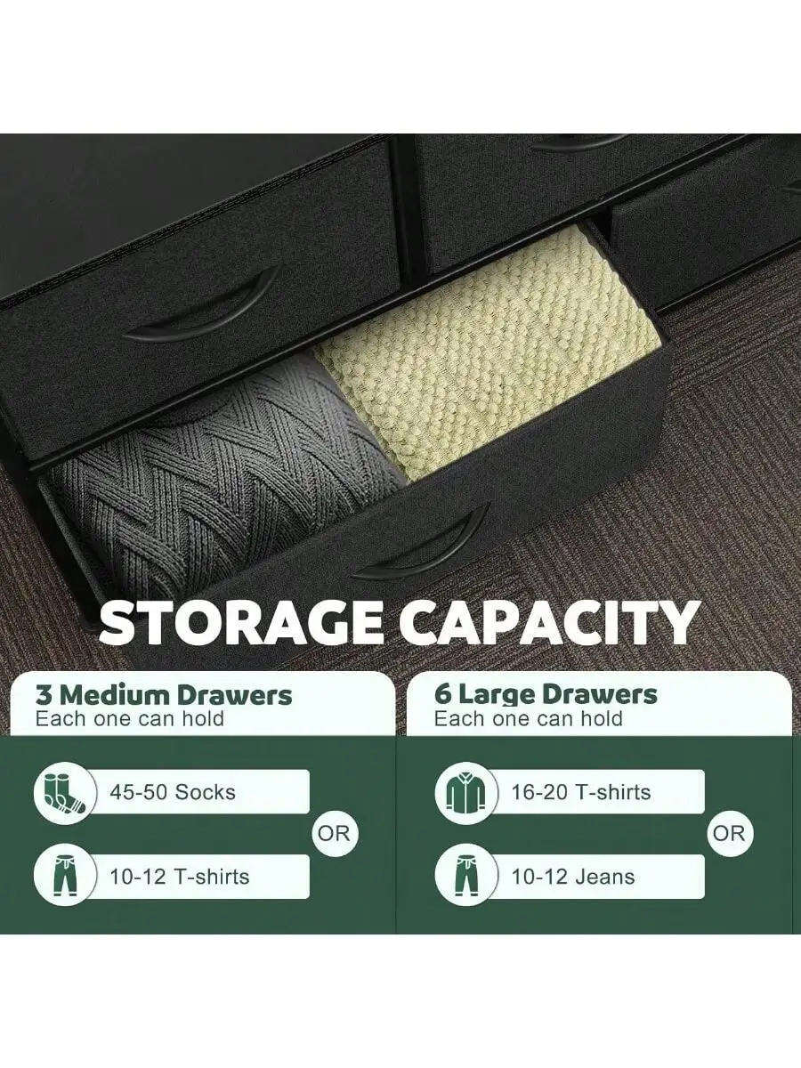 Dresser for Bedroom with 9 Drawers Chest of Drawers Storage Drawers Organizer Unit Black Wide Fabric Dresser with Fabric 5