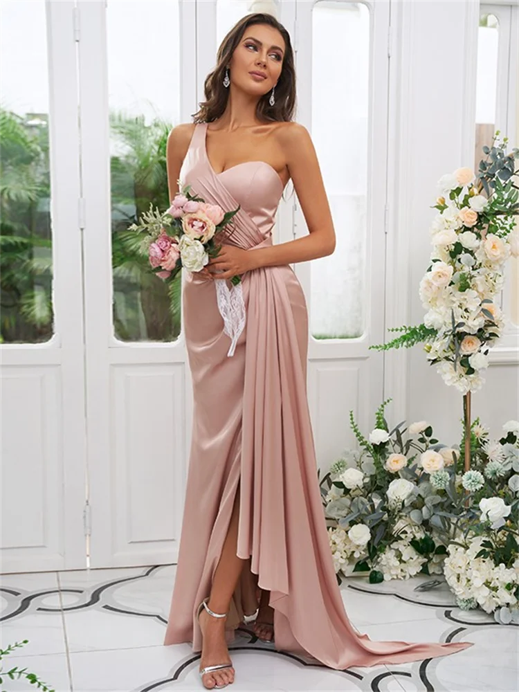 

Sheath/Column Ruched One-Shoulder Sleeveless Floor-Length Bridesmaid Dresses Elegant Wedding Guest Dress Party Gowns For Women