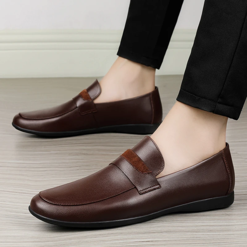 Black Genuine Leather Casual ShoesFor men Spring Slip-on Loafers Soft Italian Style Flats Super Light Moccasins Plus Size 37-45