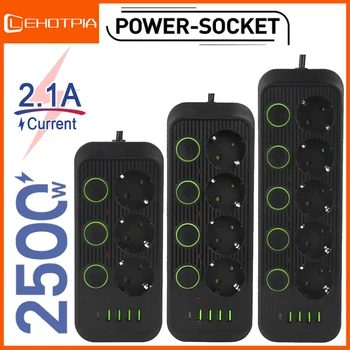 EU 플러그 AC 콘센트 전원 스트립 멀티탭 연장 코드 전기 소켓, USB 포트 포함, 서지 보호기, 다용도 네트워크 필터