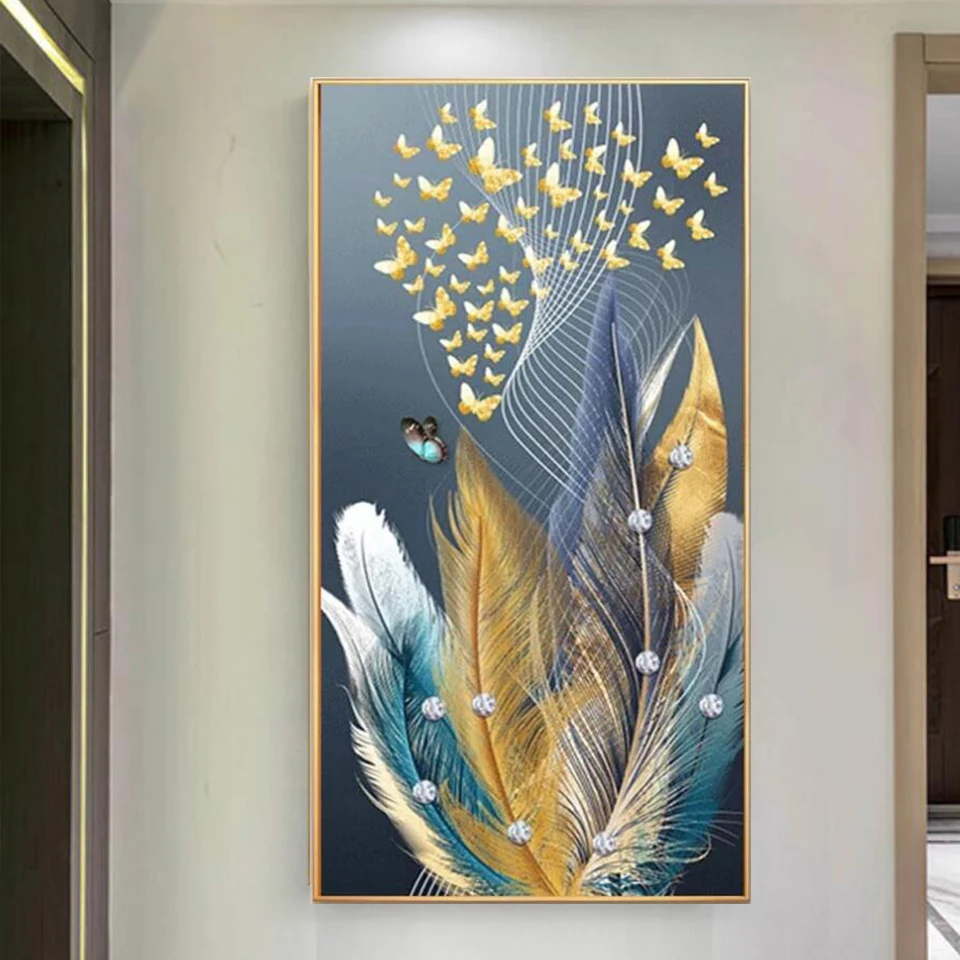 Modern Blue Gold Feather Butterfly Abstract Diamond Painting Wall Art