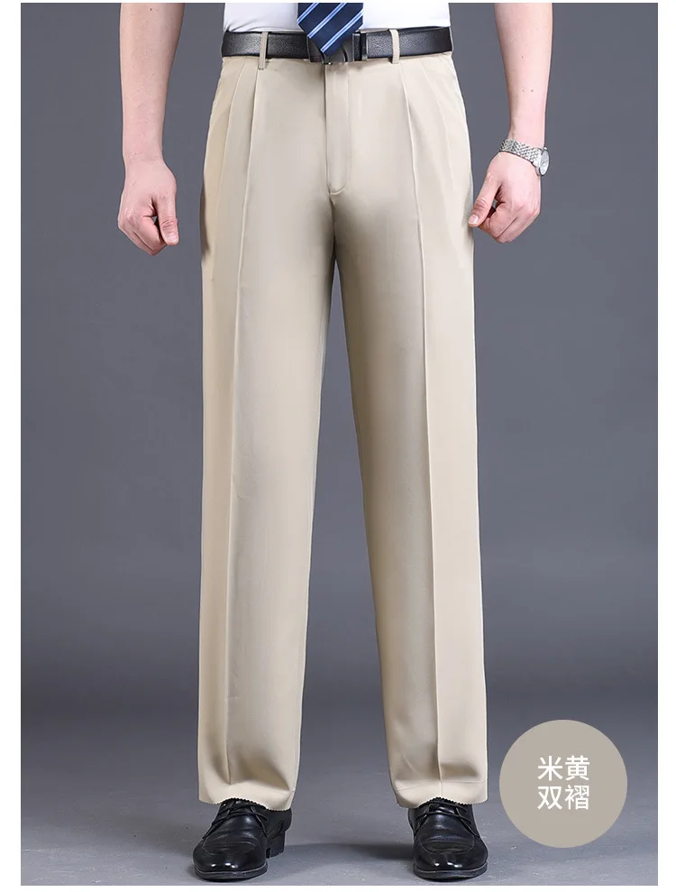 Double Pleated Suit Pants Men Black Brown Business Khaki Trousers for Loose Straight Classic Thin Summer