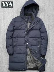 Winter Men Hooded Thick Warm 90% White Duck Down Jacket Casual Streetwear Long Overcoat Straight Windproof Business Casual Coat