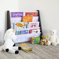 Wood/White - Premium Book Shelf for Kids Rooms with Four Deep Pockets - Toddler Sling Book Rack with Deep Sleeves 1
