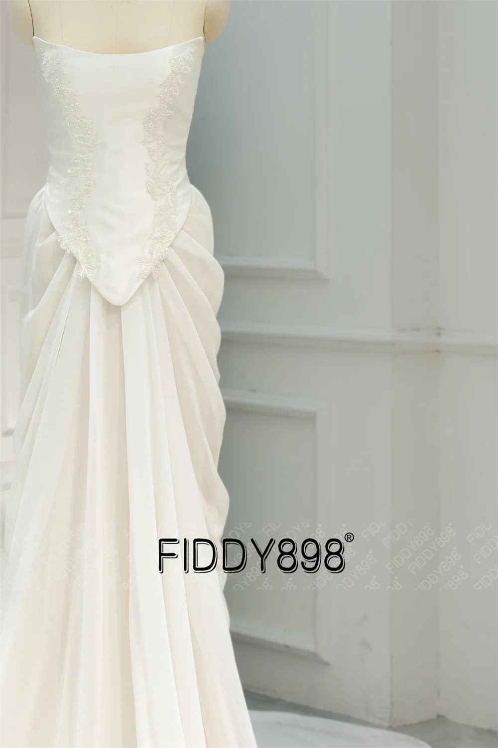 FIDDY898 Strapless Bride Gown Special Mermaid Design Beaded Lace and Chiffon Skirt Sleeveless Lace-up Back QW01975 4