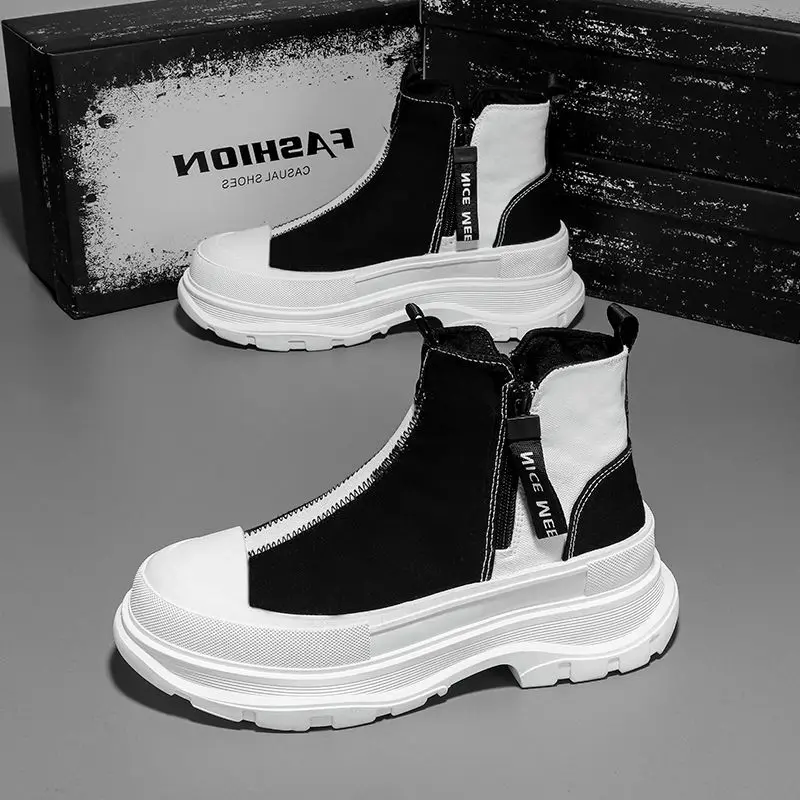 Autumn Men Casual Sneakers men sneakers Canvas Chunky Platform Ankle Boots High-cut Zip Patchwork Sneakers Male Breathable Sport Shoes 39-44