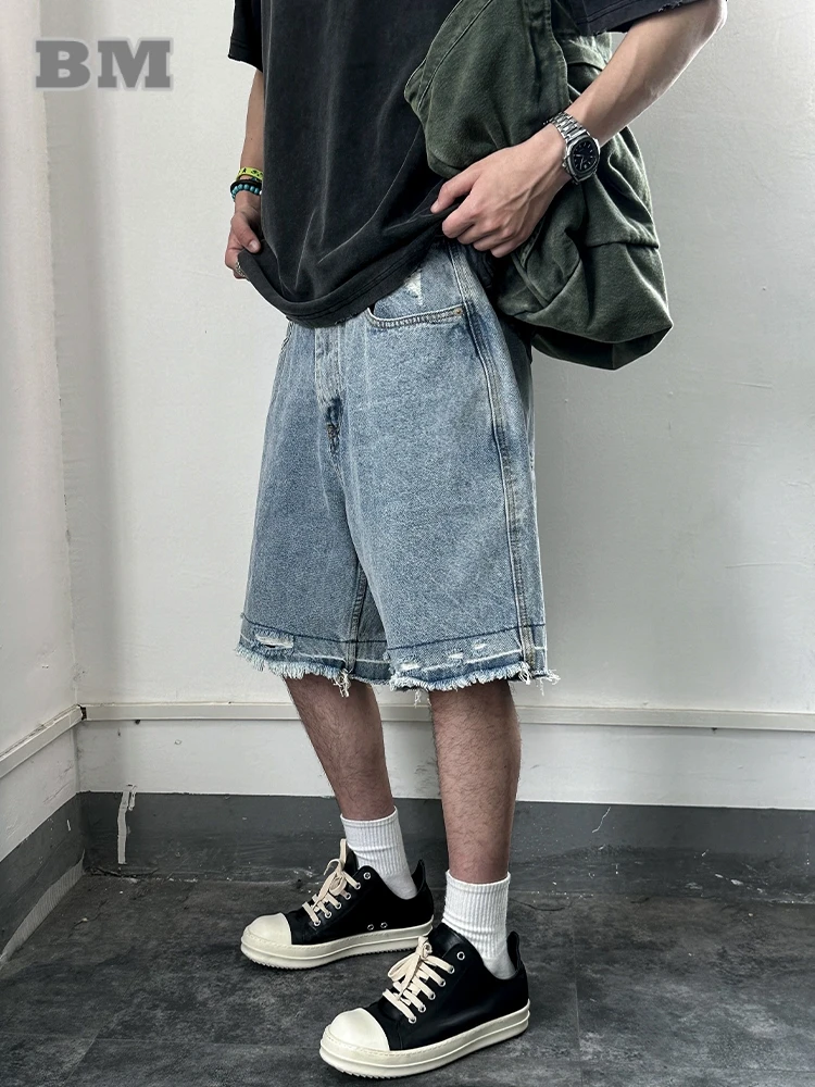 

American Vintage Ripped Raw Edge Casual Denim Shorts Men Streetwear Hip Hop Jorts Summer Korean Fashion Jeans Male Cargo Shorts
