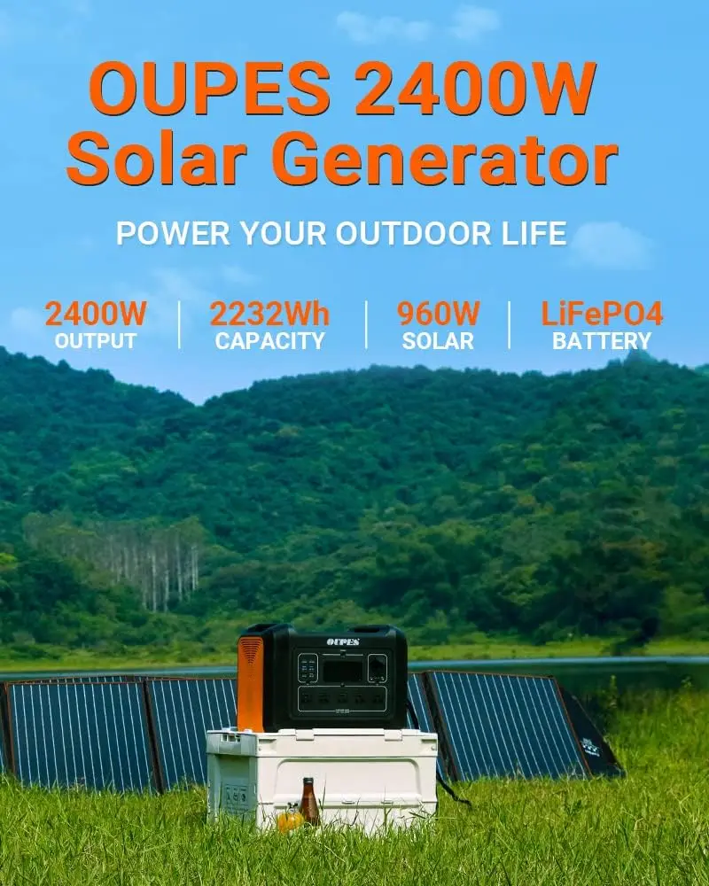 2400W Portable Power Station 2232Wh Solar Powered Generator w/5 AC Outlets (5000W Peak) Emergency LiFePO4 Battery Generator