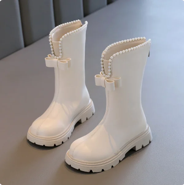 

2023 New Girls High Boots Pearls with Bow Non-slip Children Fashion Cute Elegant Princess Boots for Catwalk Shows Drop Shipping