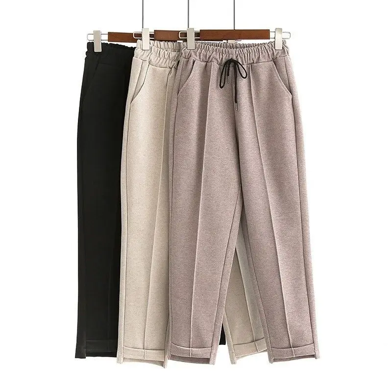 

Beige Woolen Harem Pants For Women Korean New Autumn Winter Slim Black Capris Simple Casual Pants Female Trousers Woman Q561