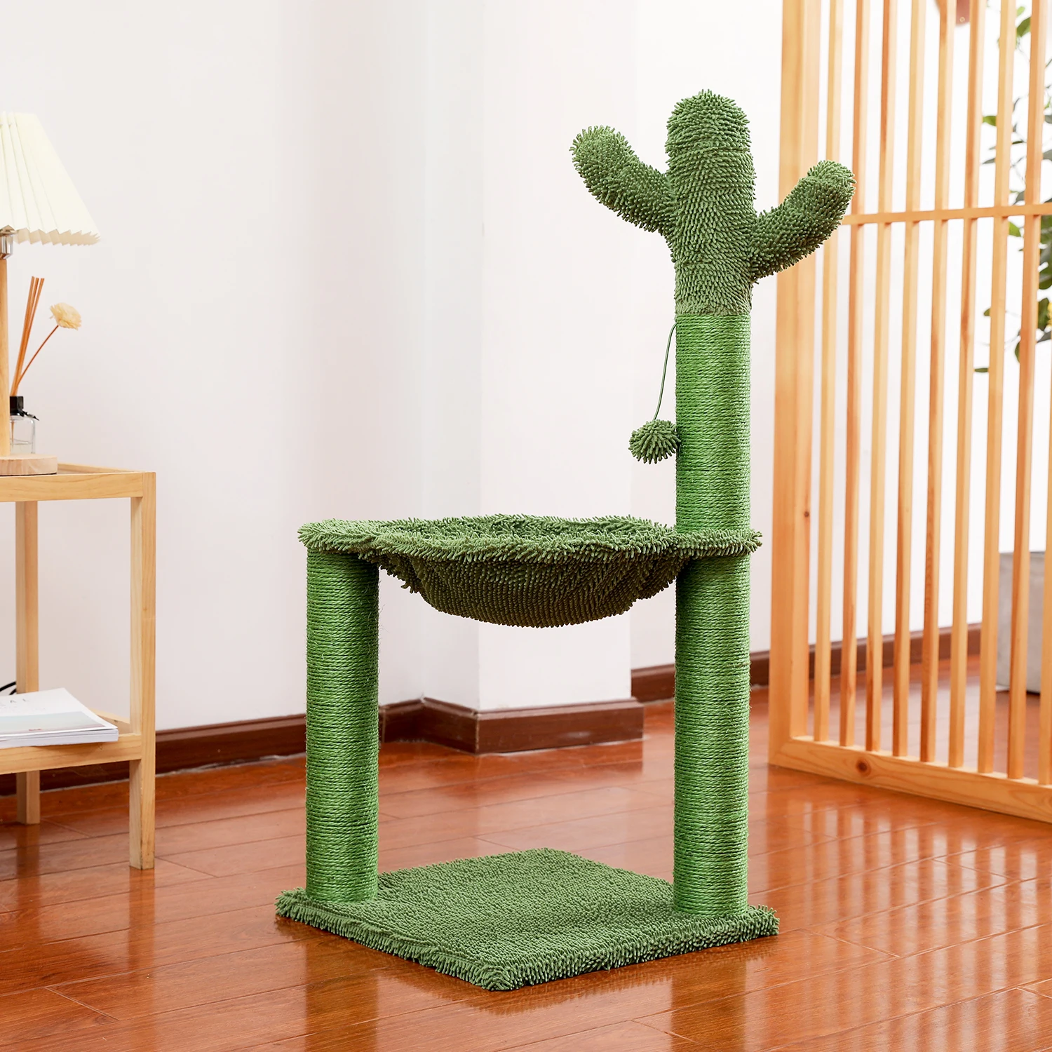 

Cactus Cat Tree Cat Scratching Post with Hammock Play Tower, Full Wrapped Sisal Scratching Post for Cats 93.5cm Green