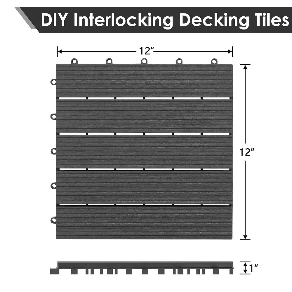 Plastic Interlocking Patio Deck Tiles 12" x 12" Waterproof Indoor Outdoor Flooring Patio Floor Decking 54 PCS
