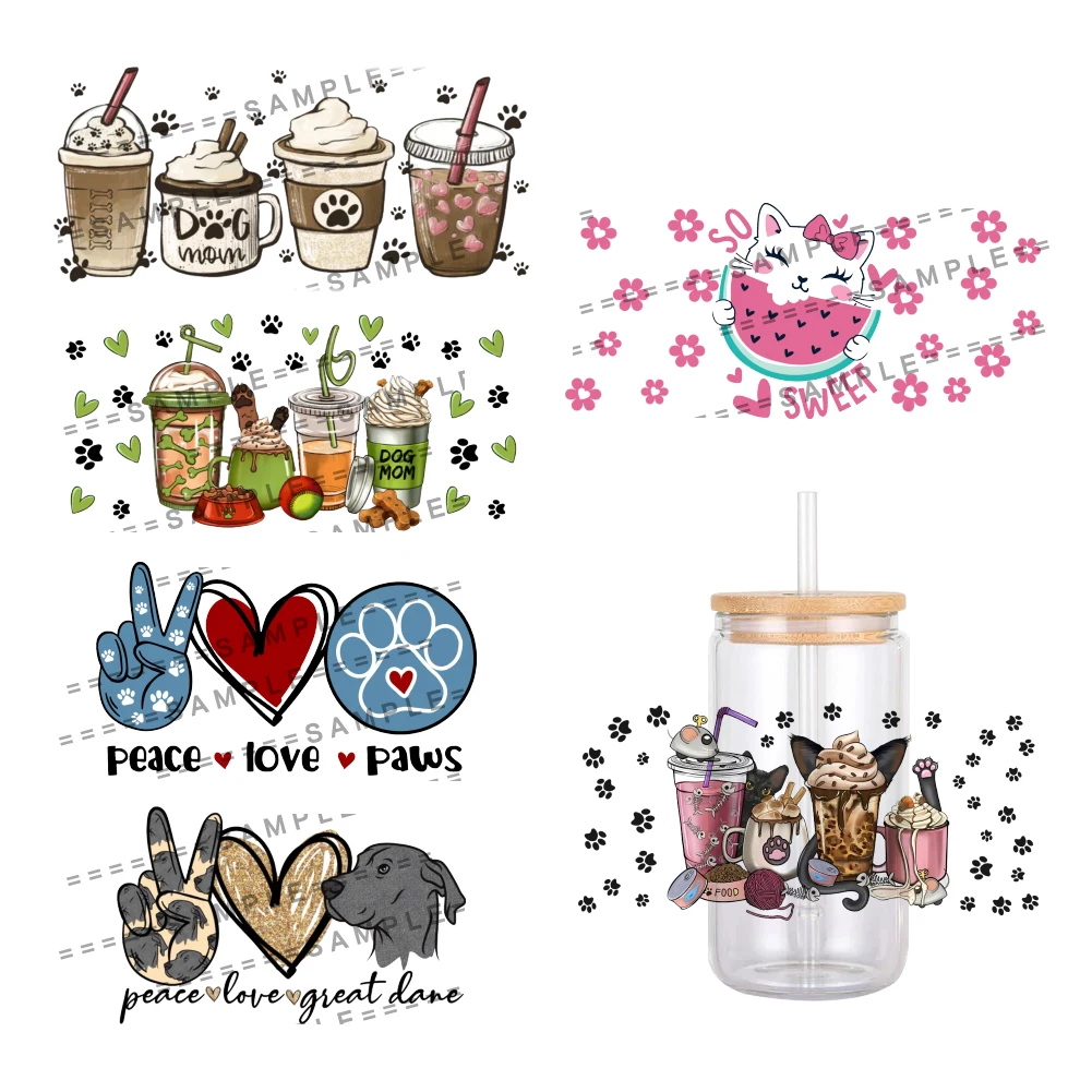 Cartoon Paw Animals Cat Dogs Pattern UV DTF Transfer Sticker Waterproof Transfers Decals For 16oz Glass Cup Wrap Stickers