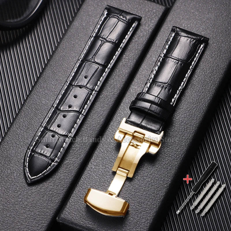 Premium Waterproof Cowhide Leather Watch Strap with Metal Butterfly Buckle