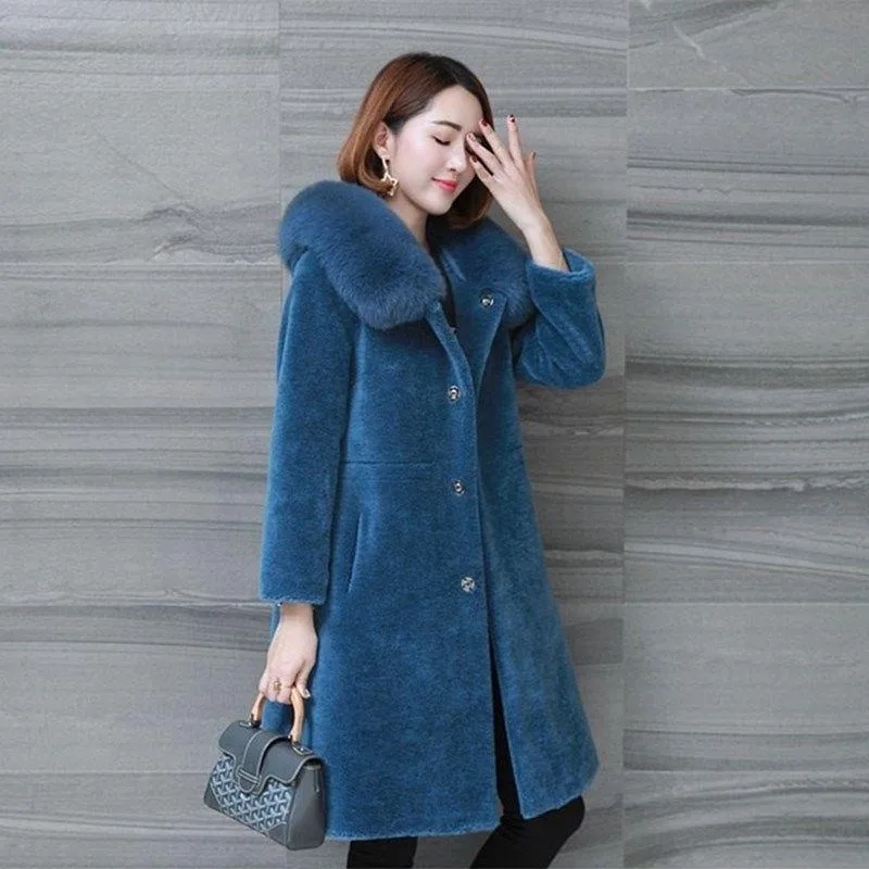 2023 Winter New Women Faux Fox Fur Collar Fur Coat Mid-Length Lamb Wool Hooded Outwear Female Fashion Thicken Warm Casual Parkas mens winter new lamb wool fur mens wool cashmere coat thicken turn down collar zippers casual straight biker fur outerwear