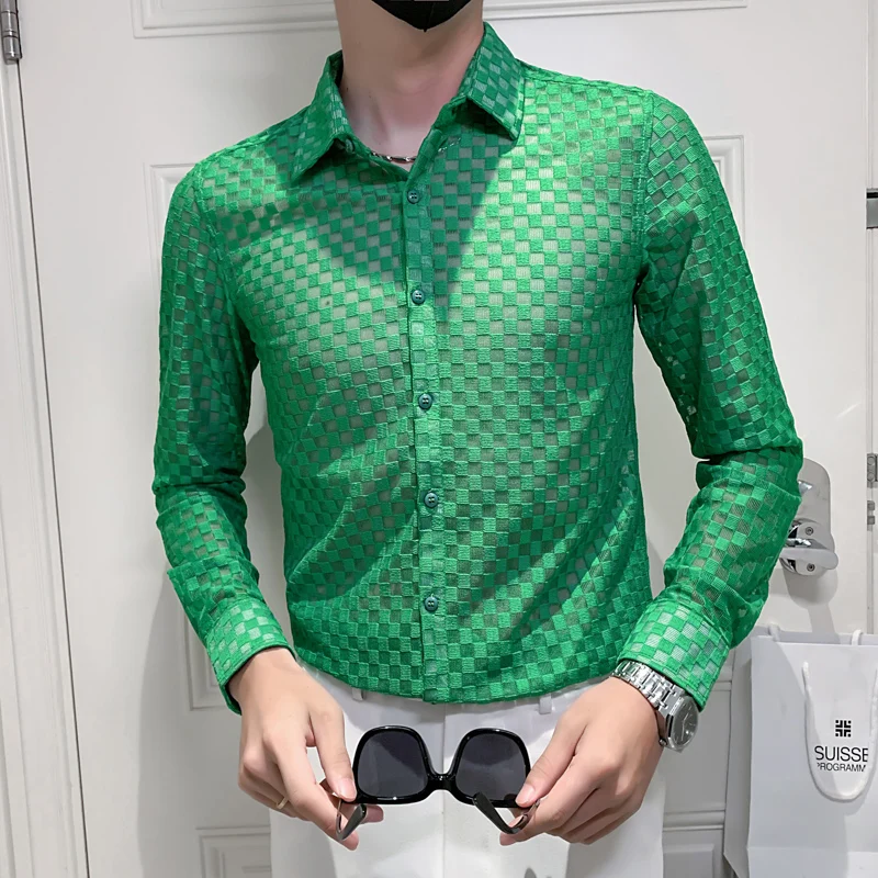 

2023 Men's Summer Hollow Out Lace Long Sleeve Shirts/Male Slim Fit High Quality Lapel Fashion Shirt Sexy Nightclub Shirt 4XL