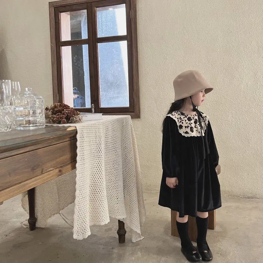 Runs Half Size Bigger Fall New Girl Velvet Retro Dress Children Floral Patchwork Clothes Kids Sweet Princess Dress, #7122