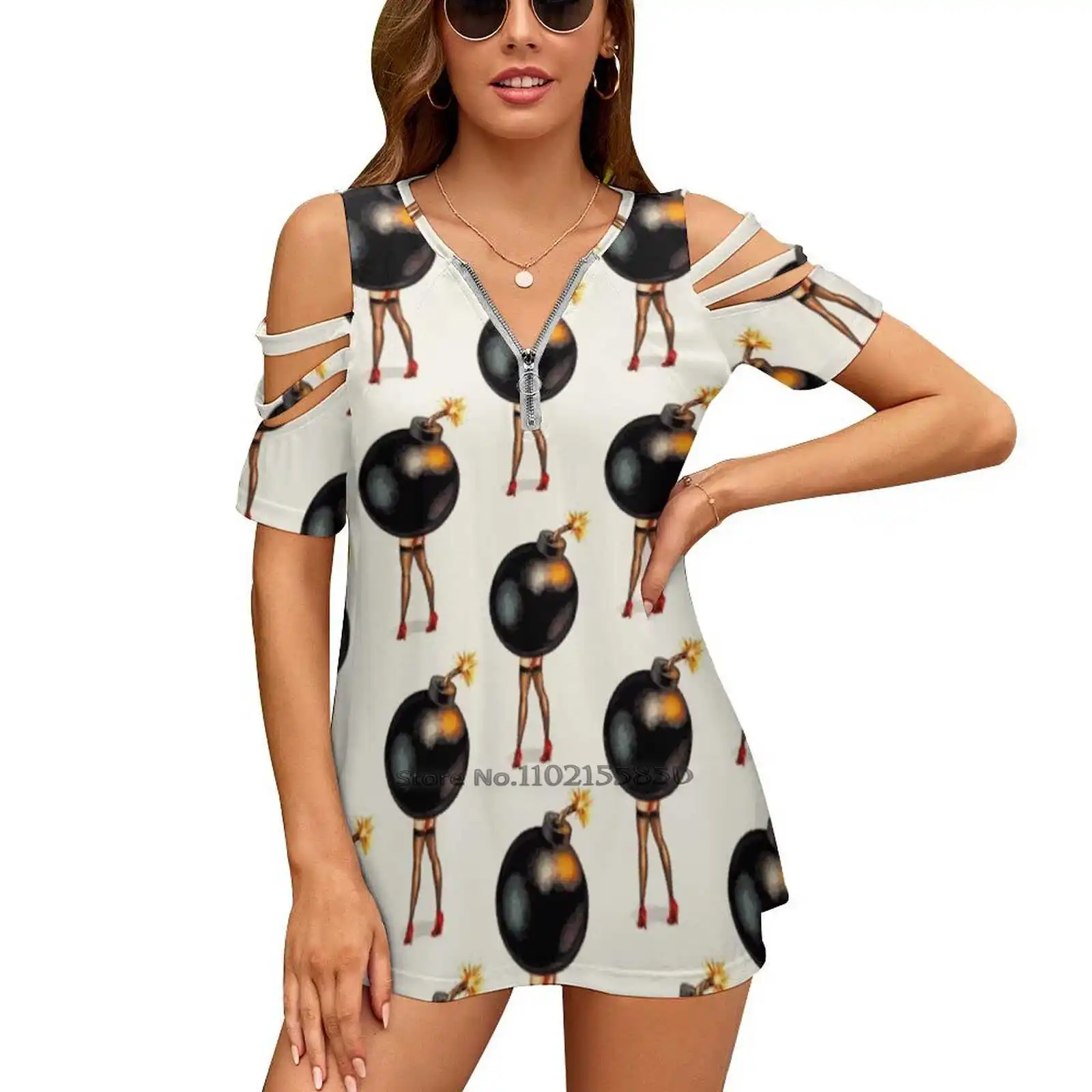 Bomb Pin - Up Donna Stampa T-Shirt Estate Casual Top Streetwear T Shirt Boho Ladies Top Bomb Up Fire Petardo Arcade Vintage