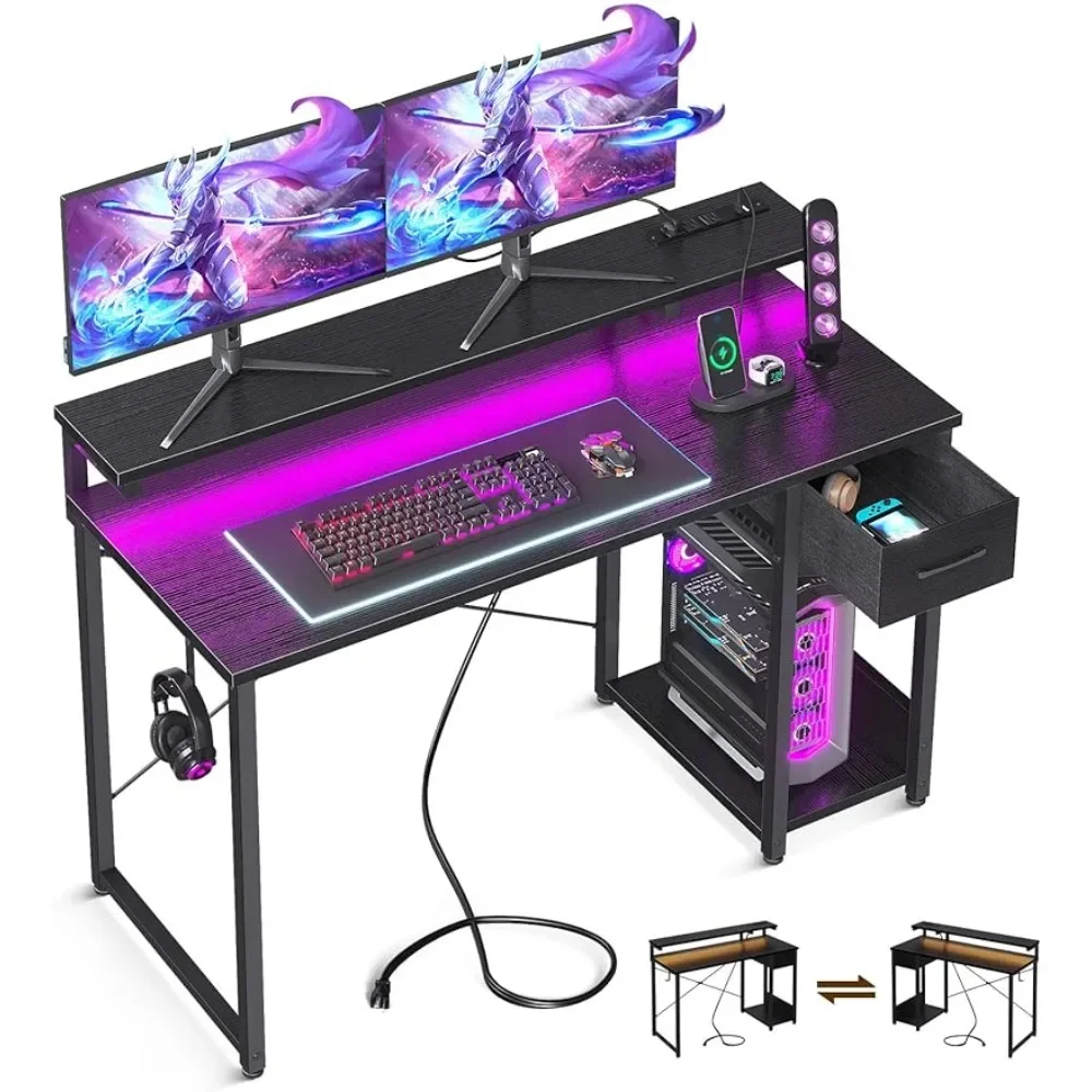 Gaming Computer Desk With Power Outlet & LED Light Strip 48 Inch Home Office Desk With Adjustable Monitor Stand Desktop for Pc