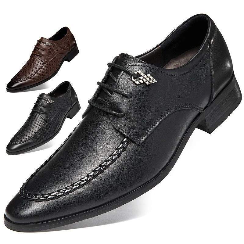 

High-end Men's Business Formal Shoes Men's Genuine Leather Soft Bottom Deodorant British Style Pointed Toe Lace-up Wedding Shoes