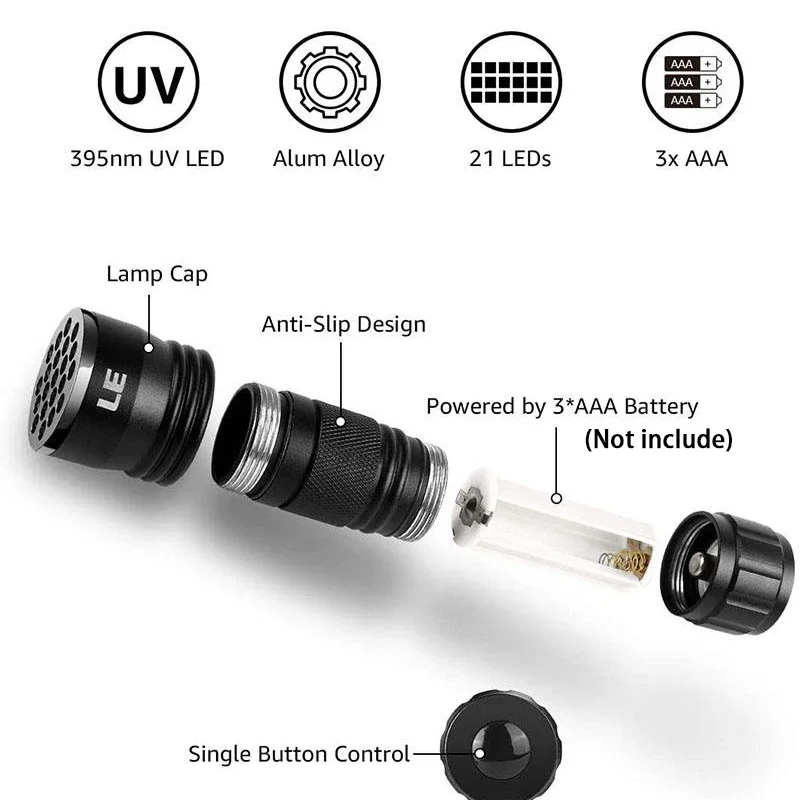 Description Picture 6 of item21 LED UV Ultraviolet Flashlight Blacklight 395NM Mini Torch Flash Lamp For Pet Urine Stains Portable Black Light Flashlights