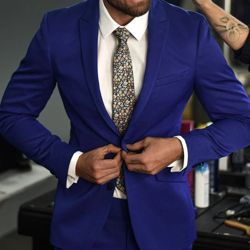 2 Piece Slim Fit Men Suit For Wedding Royal Blue Custom Groom Tuxedo With Peaked Lapel Man Fashion Set Jacket +Pants