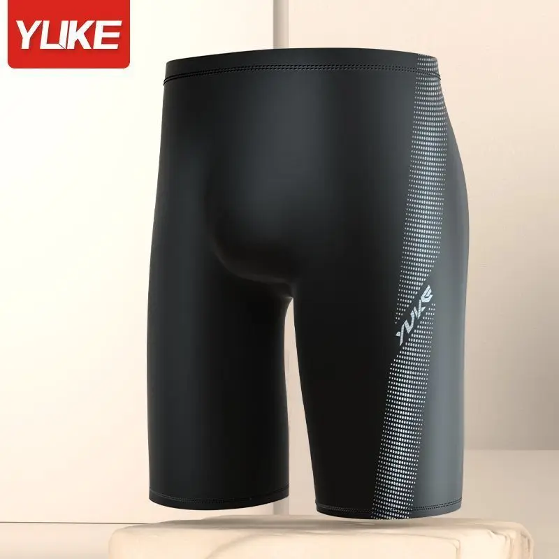 YUKE Professional Men's Swimming Trunks Shorts Long to Knee Competitive Swim Training Swimsuit Men Pants Quick dry Black