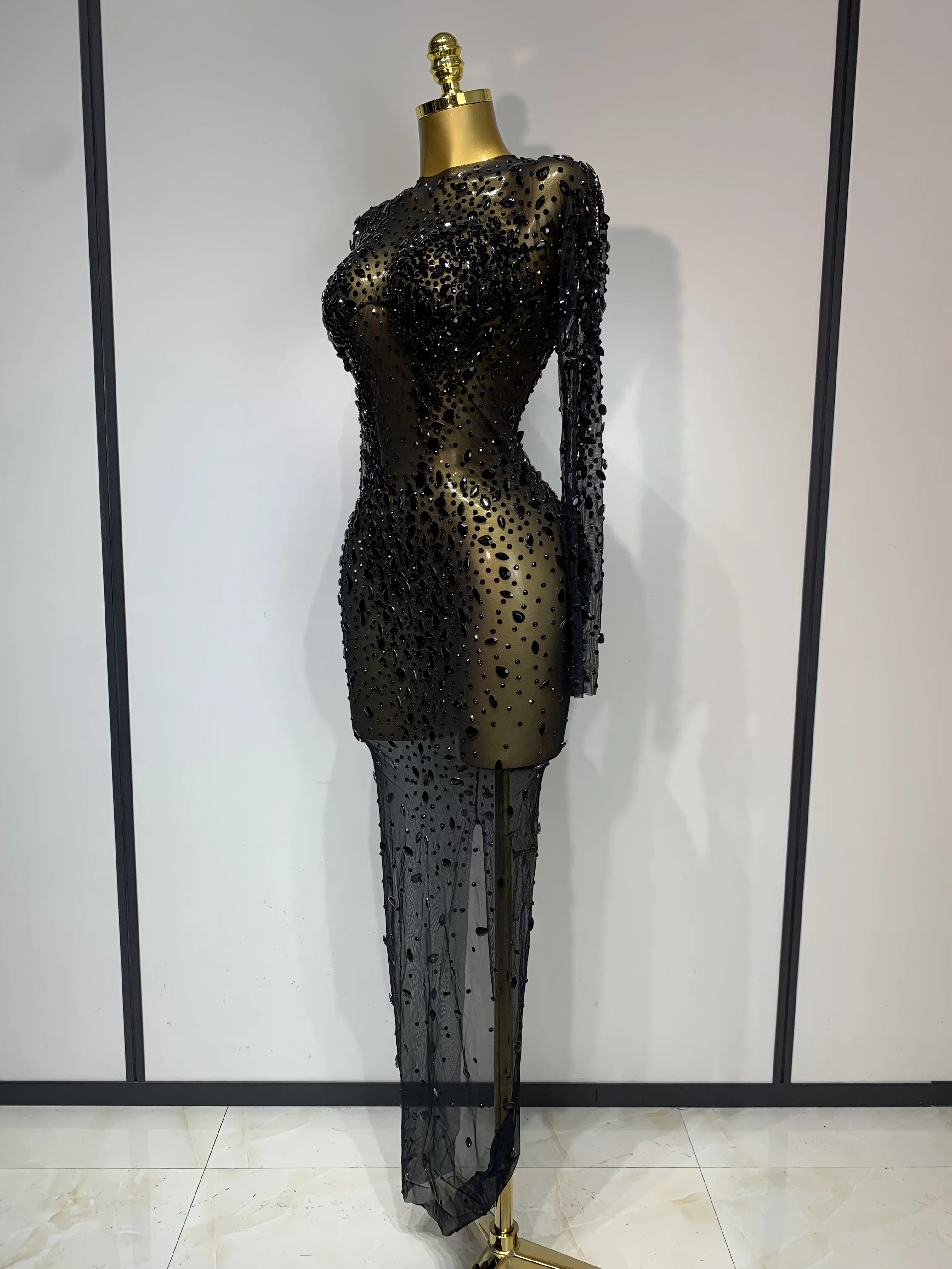 Luxury Rhinestones Mesh Bodycon Long Dress Celebrate Birthday Party Photo  Shoot Long Sleeve Performance Costume Stage Outfit - AliExpress 200000345
