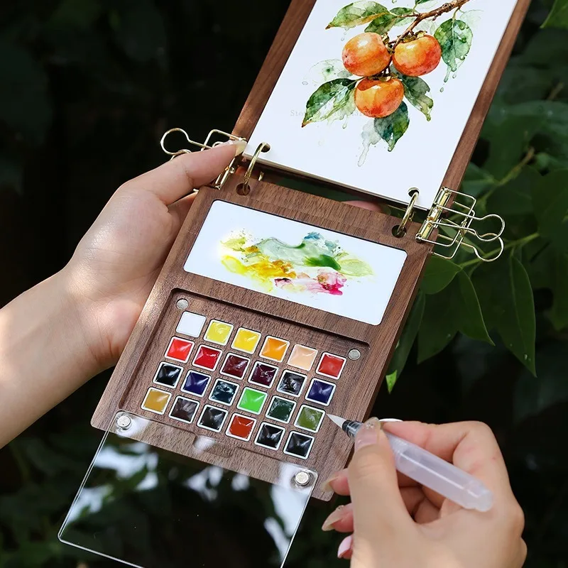24 그리드 여행용 휴대용 루즈리프 수채화 세트 솔리드 패킹 박스 소형 아트보드 미술용품 스케치 페인팅 팔레트