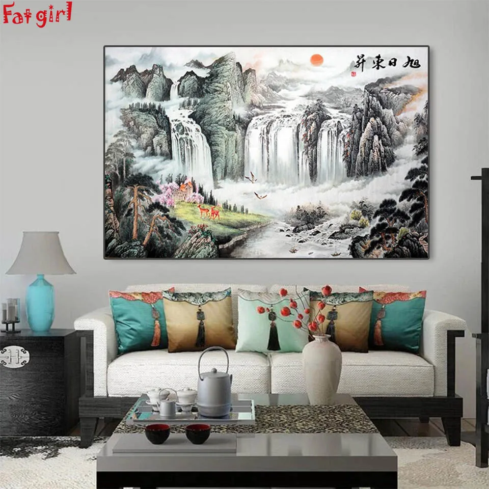 Pittura Diamante Stile Cinese Rising Sun Mountain Cascata Paesaggio Pittura A Inchiostro Mosaico Immagine Della Parete Punto Croce Strass