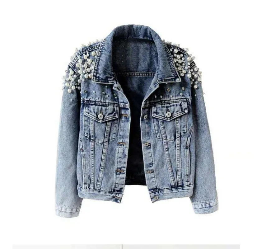 Denim Beaded Long Sleeve Casual Jacket