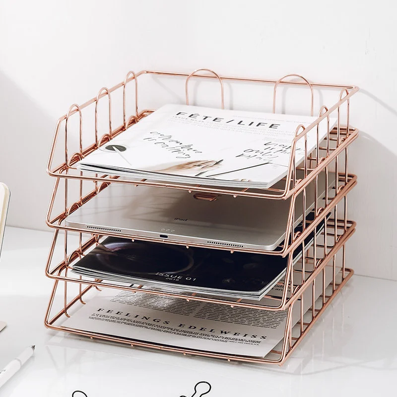 Nordic Golden Metal Stackable Desk File Rack Iron Document Paper Trays Storage Basket Desktop Book Shelf Stationery