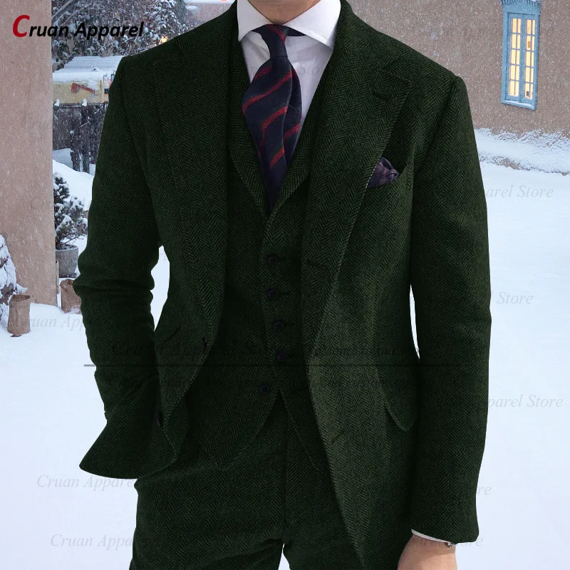Herringbone Suit Men 3 Pieces Formal Business Tweed Tuxedo for Men Tailor-made Retro Wedding Suit Jacket Vest Pants Set
