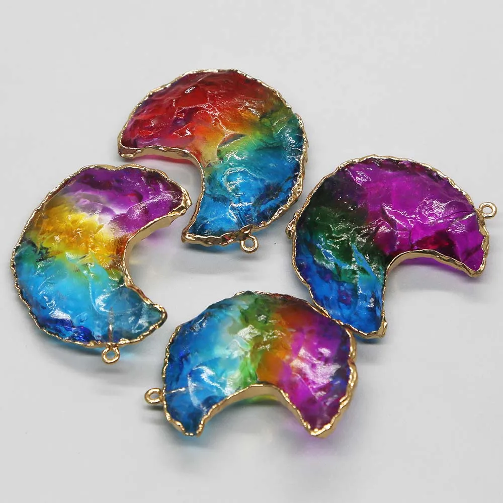 Natural Semi Precious Stone Color Crystal Crescent Gold Edged Necklace Pendant Charms Quality Jewelry Accessories Wholesale 8Pcs