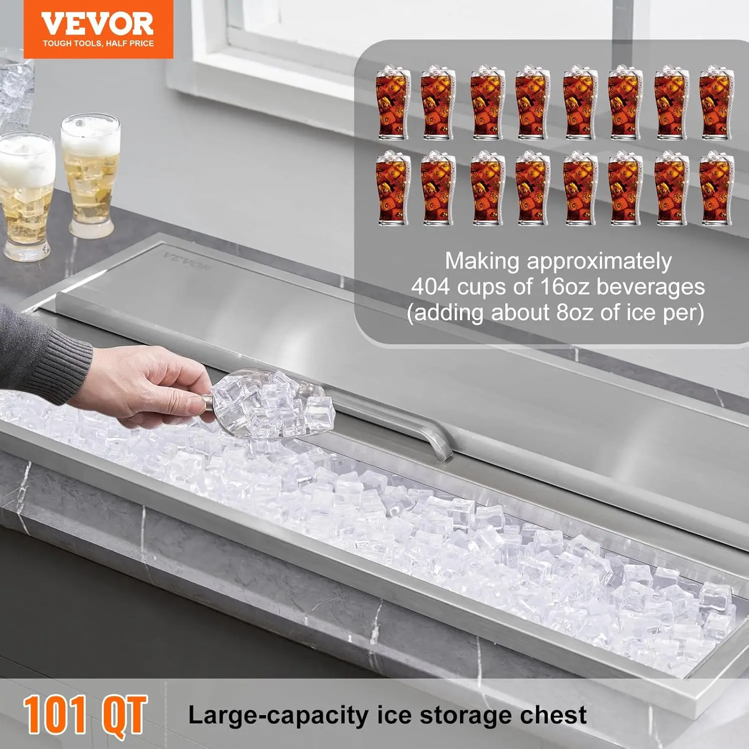 Drop in Ice Chest, 36"L x 18"W x 14"H Stainless Steel Ice Cooler, Commercial Ice Bin with Sliding Cover, 40.9 qt Outdoor Kitchen 2