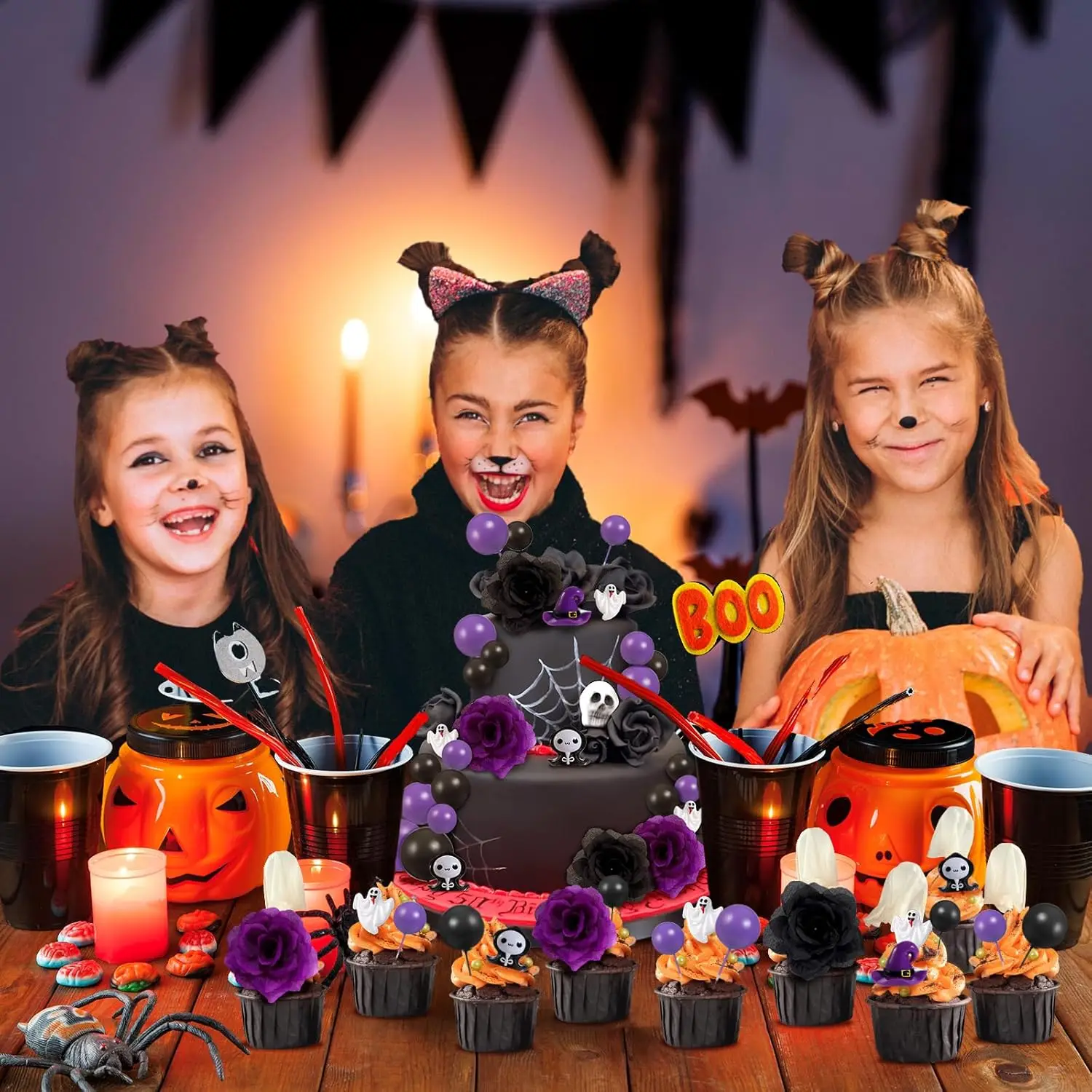 Set Decorazioni Compleanno Halloween Rosa E Nero – Banner, Palloncini, Topper Per Torta - 6