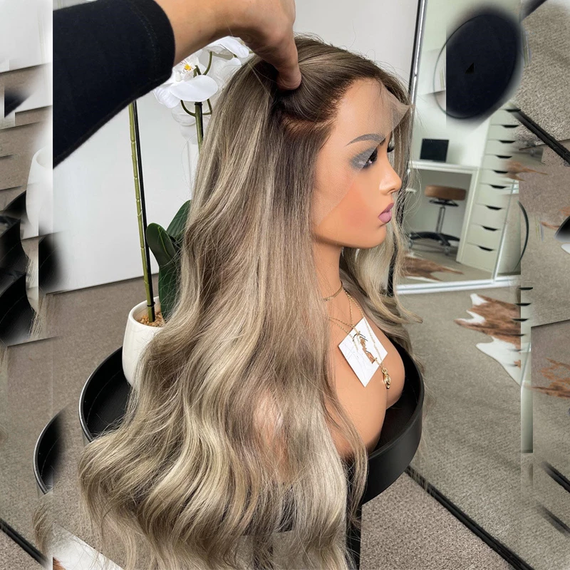 Synthetic Wig Lady Ash Grey Highlight Blonde Lace Front Balayage Body Wave PrePlucked Hairline Heat Resistant
