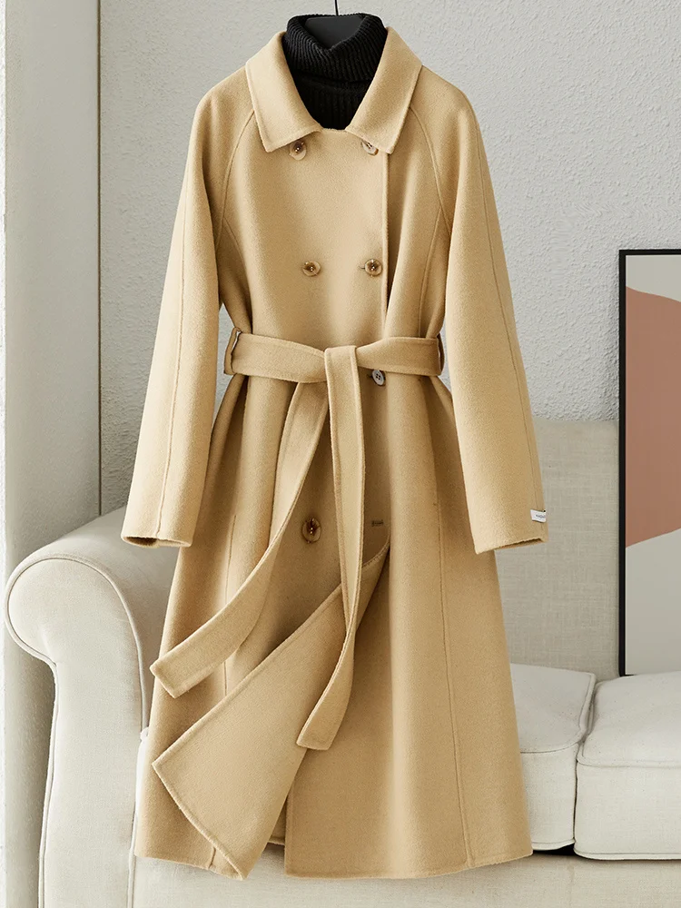 

Light yellow double-sided cashmere coat for women's mid length 2023 autumn/winter new double breasted high-end wool coat