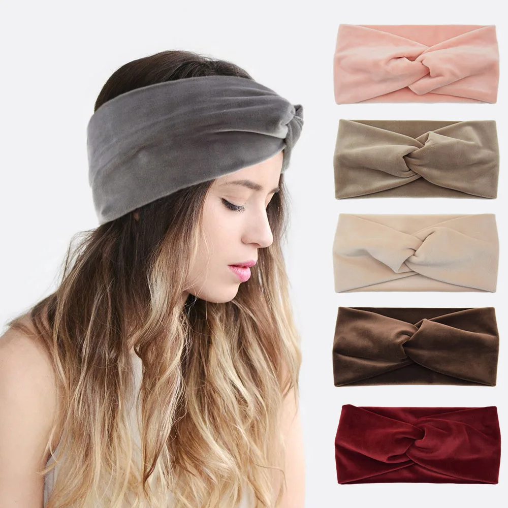 

Autumn Winter Warmer Short Velvet Wide Cross Hairband For Women Solid Color Soft Elastic Square Headband Sports Yoga Head Band