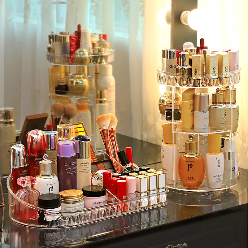 360 Degree Rotation Transparent Acrylic Cosmetics Storage Box Fashion Spin Multi function Detachable Makeup Organizer Beauty