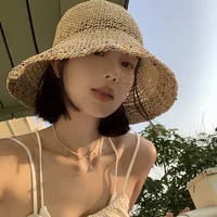 Japanese Foldable Hand-woven Straw Hat Ladies Spring and Summer Vacation Beach Fisherman HatBig Brim Shade Small Fresh BucketHat 2