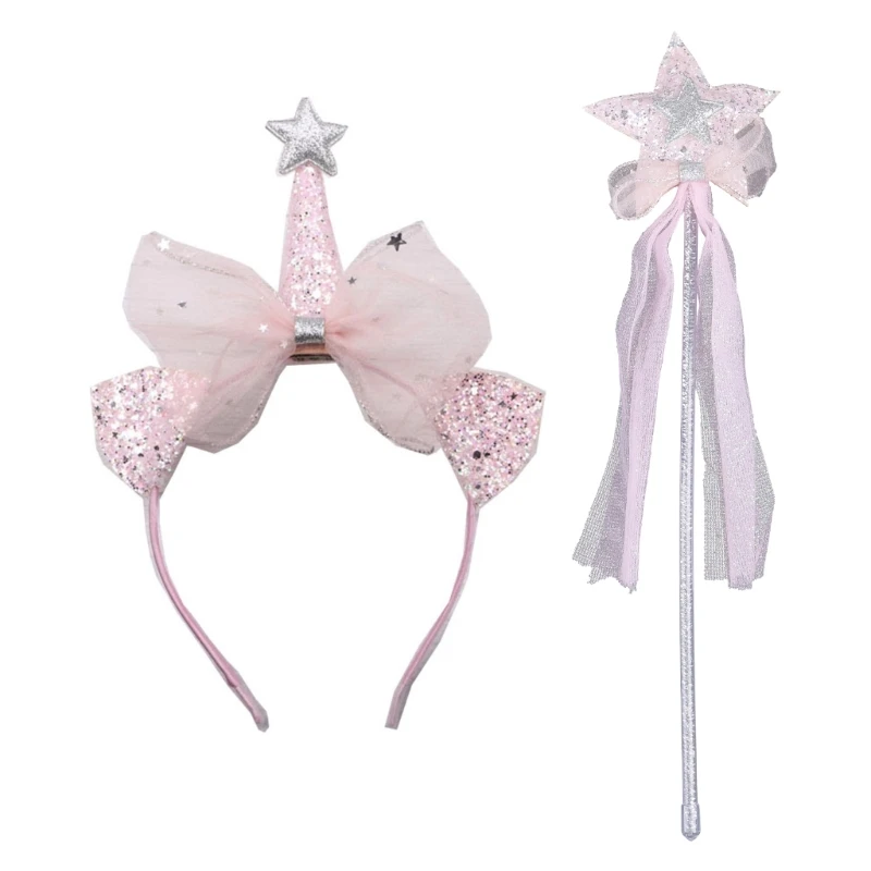 

2XPC Princess Girls Pink Bow Hair Hoop Headband Star Wand Set for Girl Princess Prom Party Theme Birthday Party