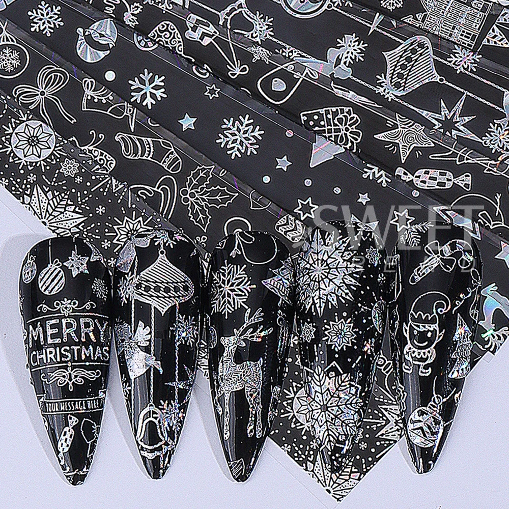 10pcs Laser Christmas Nail Foils Set Winter Stars Snowflakes Gift Gingerbread Man Transfer Foils Sheets Nail Manicure Decoration