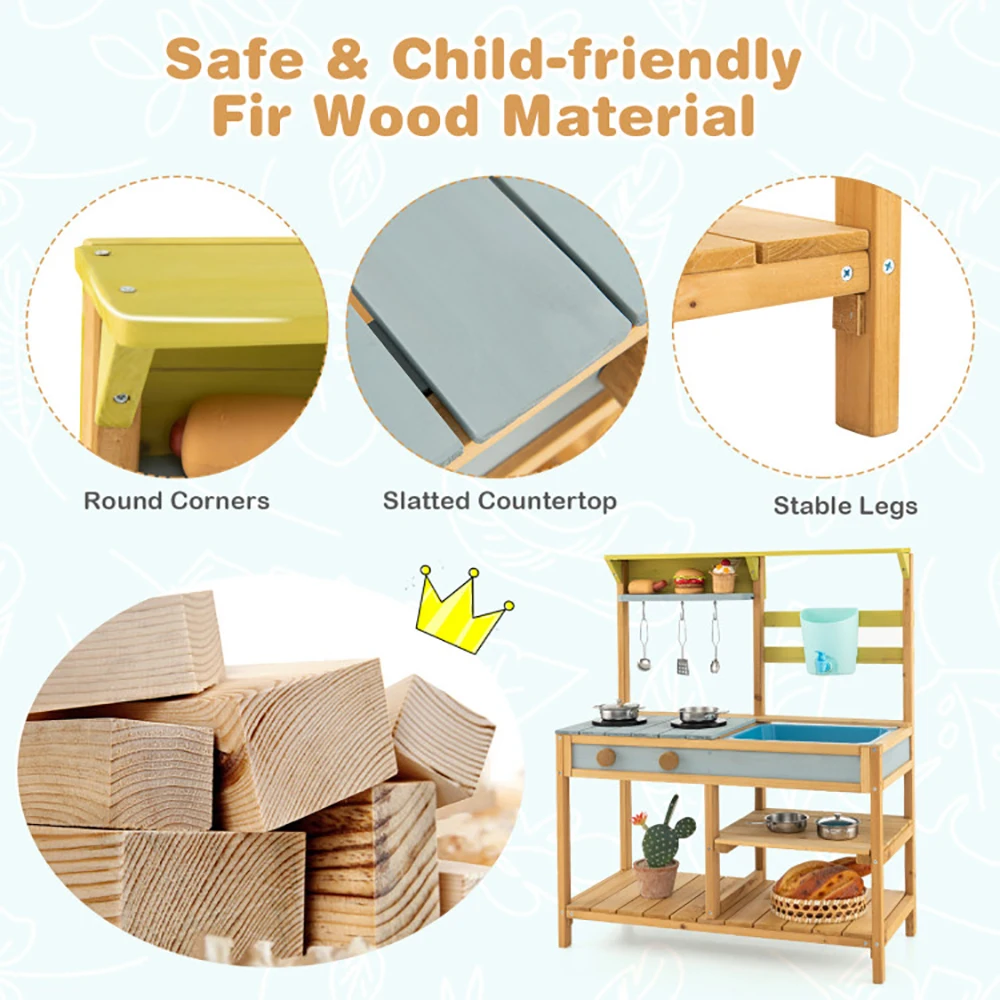 Wooden Kids Play Kitchen Outdoor Mud Kitchen with Removable Sink Water Box & Faucet Stove Top Storage Shelves for Boys Girls 3+