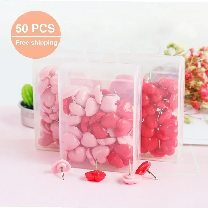 Heart Shape 50 Pack Plastic High Quality Cork Board Safety Colored Thumbtacks Pushpins Office School Accessories Supplies