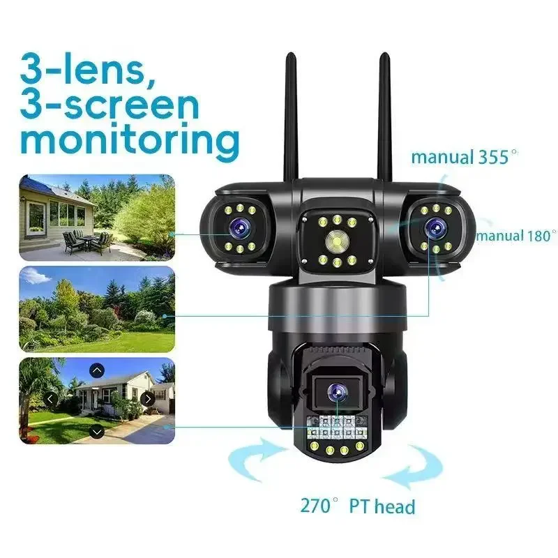 V380Pro 4G Camera Sim GSM WIFI Cam 12MP 6K Three Lens Three Screen Monitor Night Vision Security PTZ Video Surveillance Camera 2